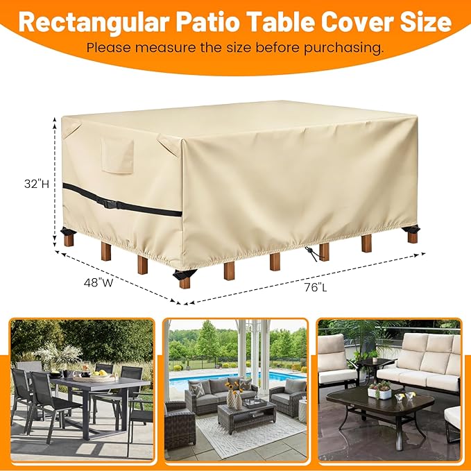 POMER Rectangular Patio Furniture Covers-Outdoor Furniture Covers Waterproof,600D Table and Chairs Cover for All-Weather Protection 76L X 48W X 32H Inch Beige