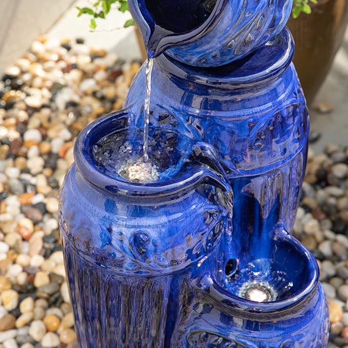 Glitzhome Water Fountain Outdoor with LED Lights, 4-Tier Ceramic Pots Outdoor Water Fountain, Embossed Pattern Cascading Water Feature for Garden Patio Backyard, Cobalt Blue, 27.25" H