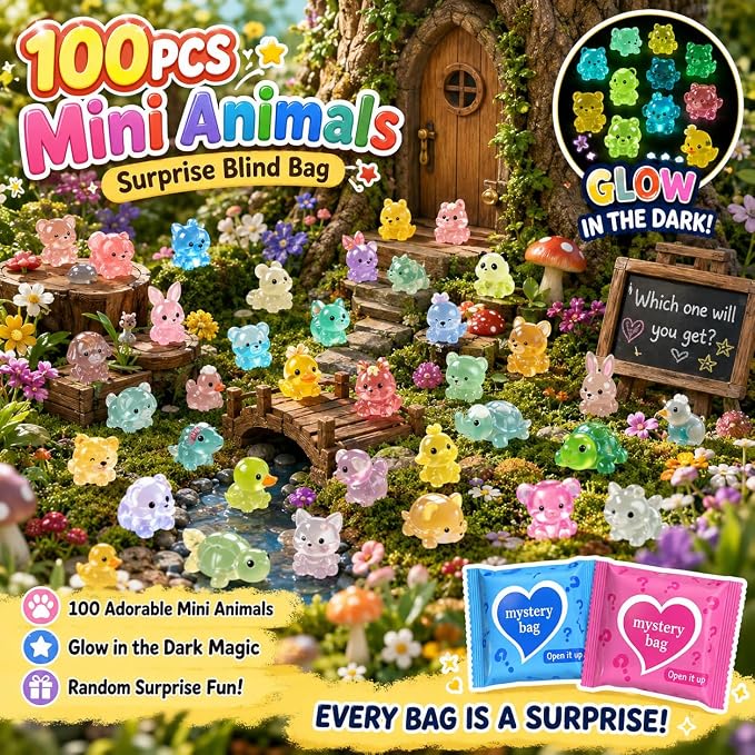 100 PCS Mystery Bag Mini Resin Animals, Glow in The Dark Tiny Animal Figurines Blind Bags Bulk, Cute Mini Resin Figures Surprise Box Toys for Kids, Classroom Prizes Goodie Bag Stuffers Party Favors