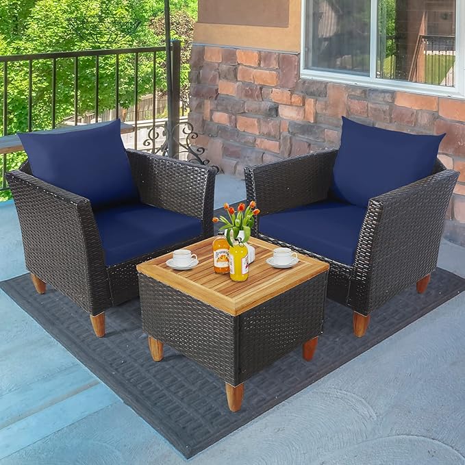 Tangkula 3-Piece Patio Furniture Set, Patiojoy Outdoor PE Wicker Bistro Set with Soft Cushions and Solid Acacia Wood, Outdoor Conversation Set with Porch, Balcony and Garden (Navy)
