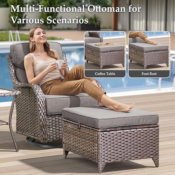 Luxury 3 Pieces Patio Furniture Sets-All Weather Wicker Rattan 3-Seat Sofa Set with Comfy 6" Cushion, Multifunctional Ottomans Patio Conversation Set for Deck Backyard Garden(Brown/Grey)