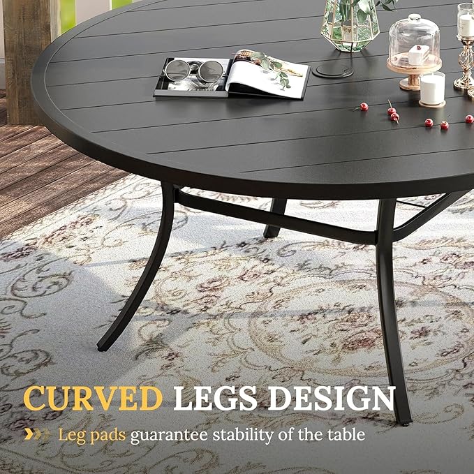 VICLLAX Outdoor Dining Set for 8, Outdoor Furniture Includes 60" Round Patio Table and Swivel Padded Chairs, Black Tabletop and Mixed Brown Fabric