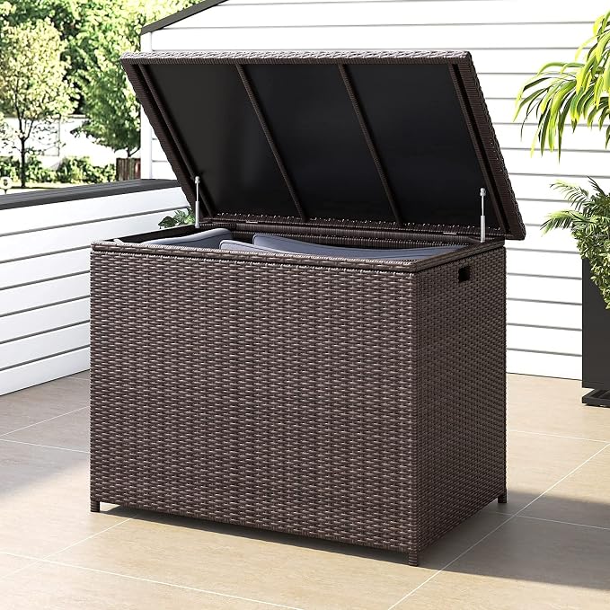 Lepus Large Waterproof Resin Wicker/Rattan Deck Box with Handles, Outdoor Storage Container For Patio, Pool, Garden, 130 Gallons, Brown