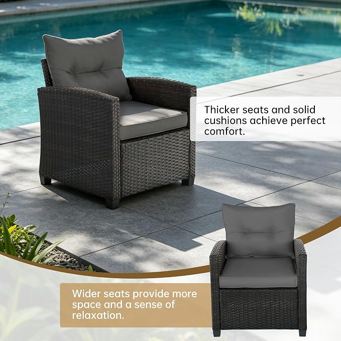 3 Pieces Patio Furniture Set,Outdoor Wicker Conversation Set,Outdoor Wicker Patio Chairs with Cushions & Glass Coffee Table,Bistro Set Outdoor for Porch (Grey)