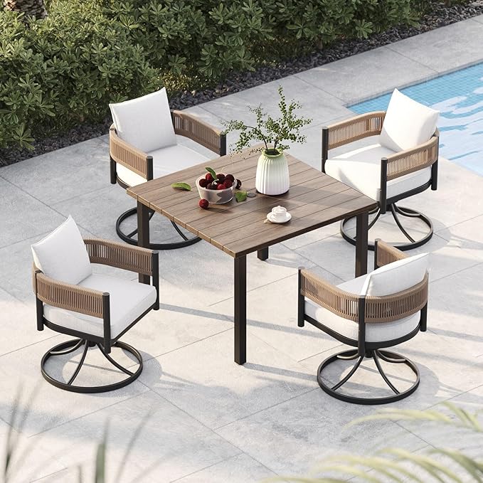 Grand patio 5 PCS Outdoor Dining Set, Metal Woven Wicker Swivel Patio Chairs with Thickened Cushions & 1 Square Woodgrain Dining Table with Umbrella Hole for Backyard Deck (Natural)