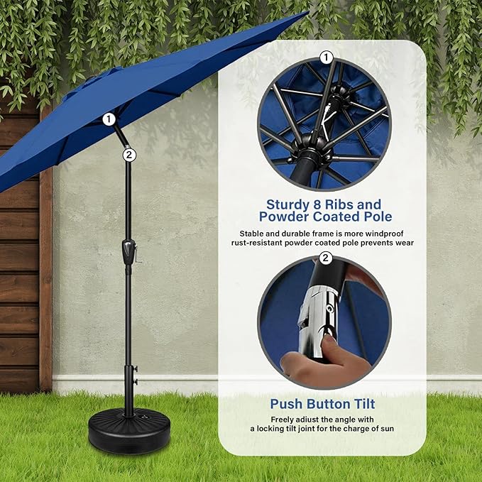YSSOA 9' Patio Umbrella with 50lbs 20" Capacity Fillable Heavy Duty Round Base, 8 Sturdy Ribs, for Outdoor Lawn, Deck, Poolside, Blue and Black