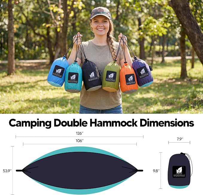 SUNCREAT Camping Hammock, Portable Hammocks with Tree Straps & Carrying Bag, Camping Essentials Gear, Dark Blue