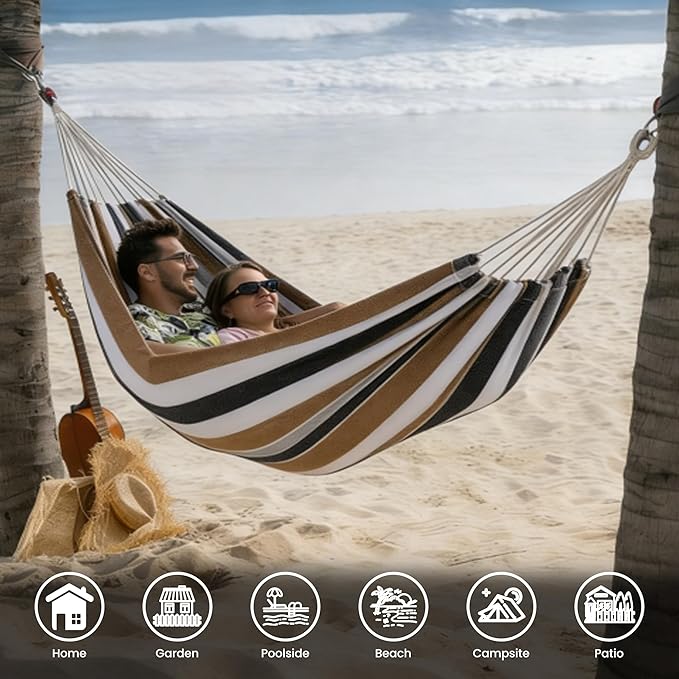 Lazy Daze Hammocks Extra Large Double Hammock, Portable Camping Hammock with Travel Bag & Tree Straps for Outdoor, Camping, Backyard, Patio, 550lbs Capacity, Brown & White