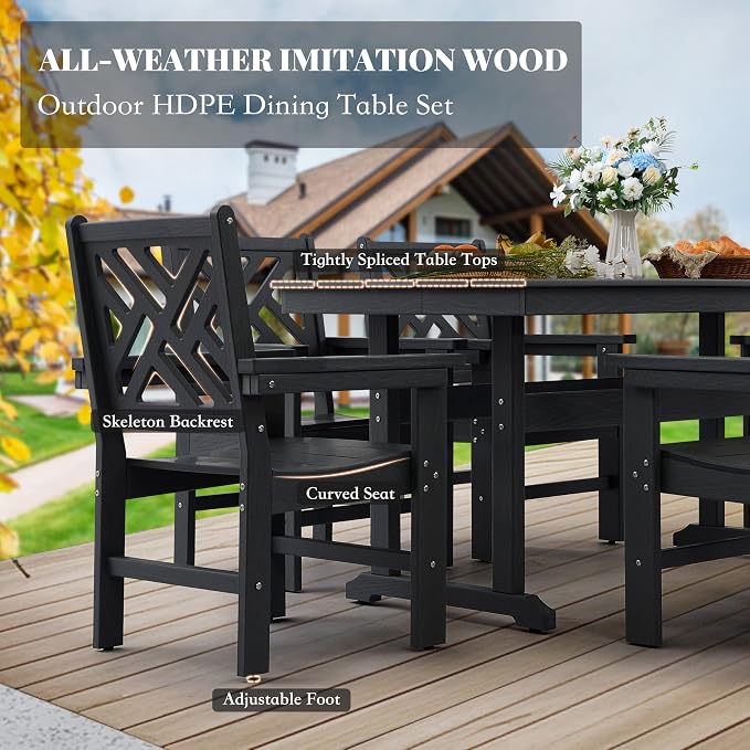 HDPE Dining Table Set for 10,12-Piece Outdoor Table and Chairs Include 10 Dining Chairs and 2 Pcs 62.5" Patio Dining Table with Umbrella Hole (Black)