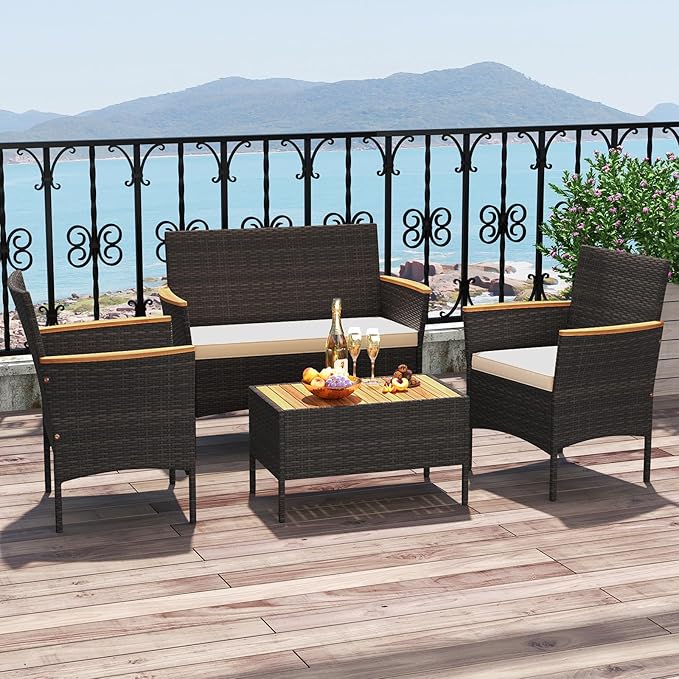 Tangkula 4 Pieces Patio Wicker Sofa Set, 2 Rattan Chairs & Loveseat w/Coffee Table, Acacia Wood Armrests & Tabletop, Outdoor Cushioned Conversation Set for Backyard, Poolside (1)