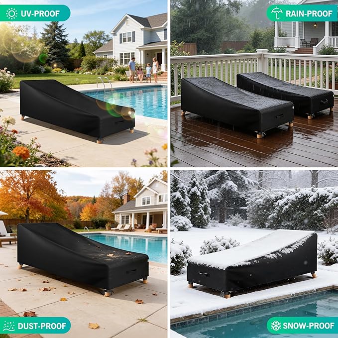 Oiforce Patio Chaise Lounge Cover Outdoor Waterproof, 2 Pack of Pool Lounge Chair Covers for Outside Furniture Covers All Weather Protection, 80" x 30" x 26" H, Black
