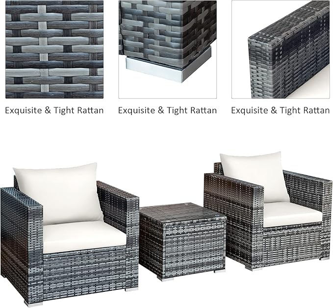 Tangkula 3 Pieces Patio Furniture Set, PE Rattan Wicker Sofa Set w/Washable Cushion and Tempered Glass Tabletop, Outdoor Conversation Furniture for Garden Poolside Balcony