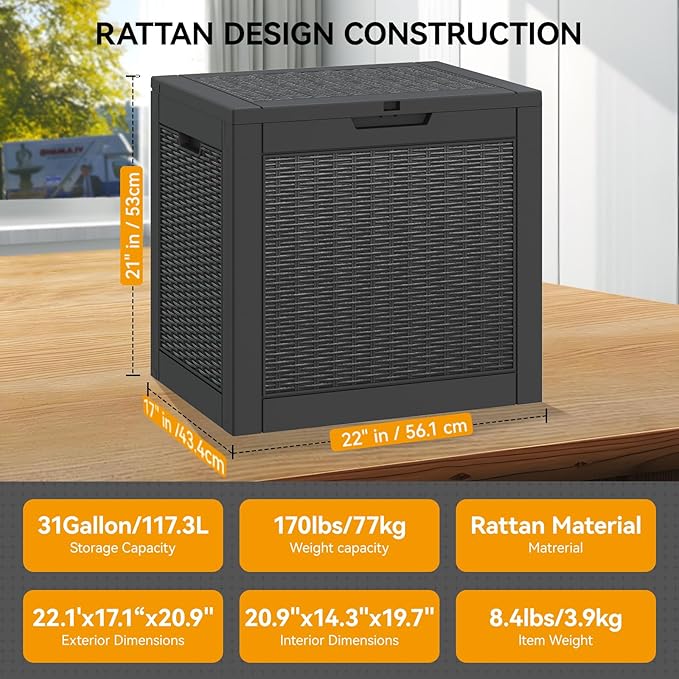 Bifanuo Outdoor Storage Box, 32 Gallon Deck Boxes Waterproof, Resin Storage Cabinet Multi Functional Storage Bench For Gardening Tools, Pool Supplies, Patio Furniture, Lockable