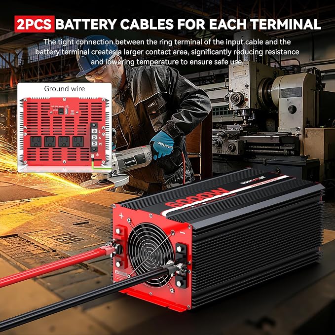 6000W Power Inverter 12V DC to 120V AC, 11000W Peak Off-Grid Solar Converter for 12V Battery Bank, RV, Truck & Home Backup Power System, 4 AC Outlets, USB & Type-C Port, LCD Remote Controller