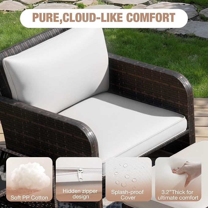 LEVELEVE Patio Conversation Set 5 Piece, Balcony Furniture Outdoor PE Rattan Wicker Lounge Chairs with Soft Cushions, 2 Ottomans & Glass Table for Porch Lawn, Brown (Ivory White Cushions