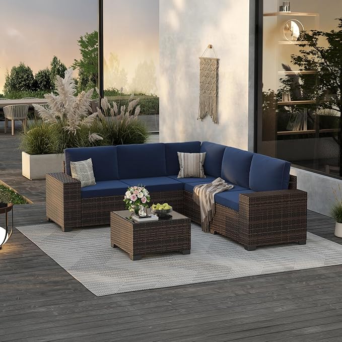 Soohow 6-Piece Patio Furniture Set All-Weather Outdoor Wicker Sectional Conversation Set with Cushion and Glass Table for Garden, Porch, Backyard, Navy Blue Cushions