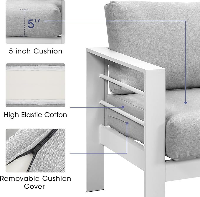 Wisteria Lane Aluminum Outdoor Patio Furniture Set, Metal Outside Patio Furniture Conversation Sets with Dining Table&2 Ottomans, Sectional Sofa Couch Seating Set with Cushions for Backyard