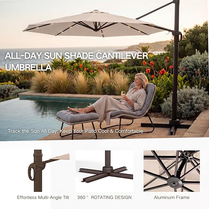 Kingdura 9ft Cantilever Patio Umbrella with Base Included & Solar Lights, Large Round Metal Outdoor Offset Umbrella with 360-degree Rotation, 4 Position Tilt, UV Protection for Pool Deck Patio (Beige)