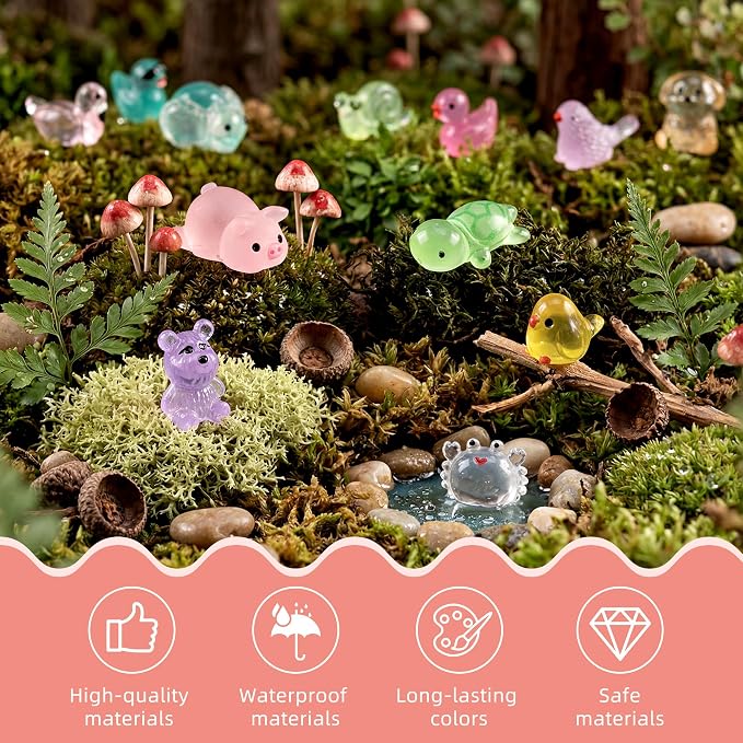FEXIA 100 Pcs Luminous Mini Resin Animals 20 Types Glow in the Dark Tiny Figurines Bulk Set for DIY Garden Aquarium Micro Landscape and Party Decoration Desk Pets and Miniature Accessories