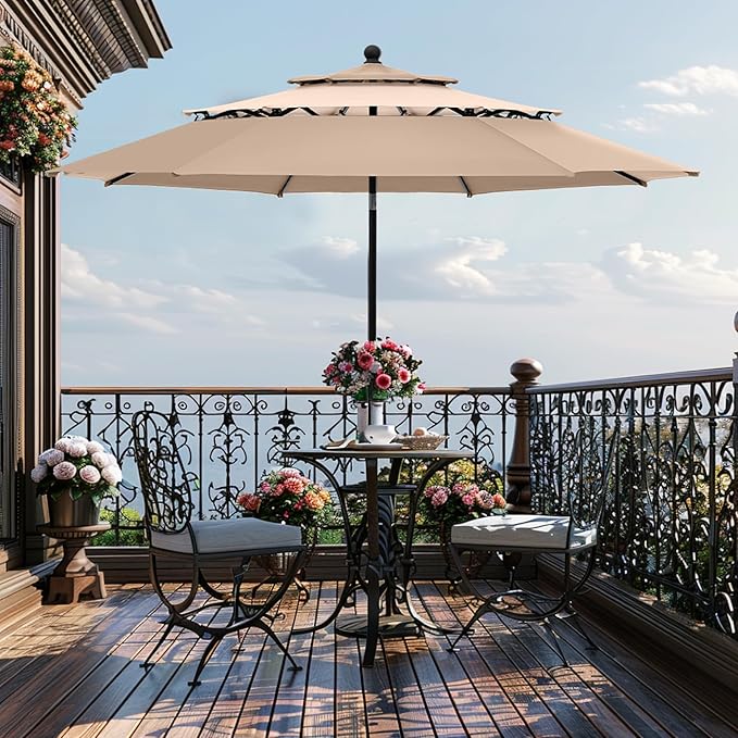 GREEN PARTY 10ft Outdoor Patio Umbrella, [Auto-Tilting] 3 Tiers Market Table Umbrellas with 1.5" Pole, 8 Sturdy Ribs, 3-Year-Non-Fading for Garden Deck Pool Backyard, Beige & Tan