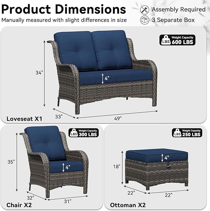 5 Piece Outdoor Wicker Patio Furniture Set, Patio Chairs Set with Thickened Olefin Cushions, High Back and Deep Seating, Hand-Woven PE Rattan, Ottoman for Porch, Deck