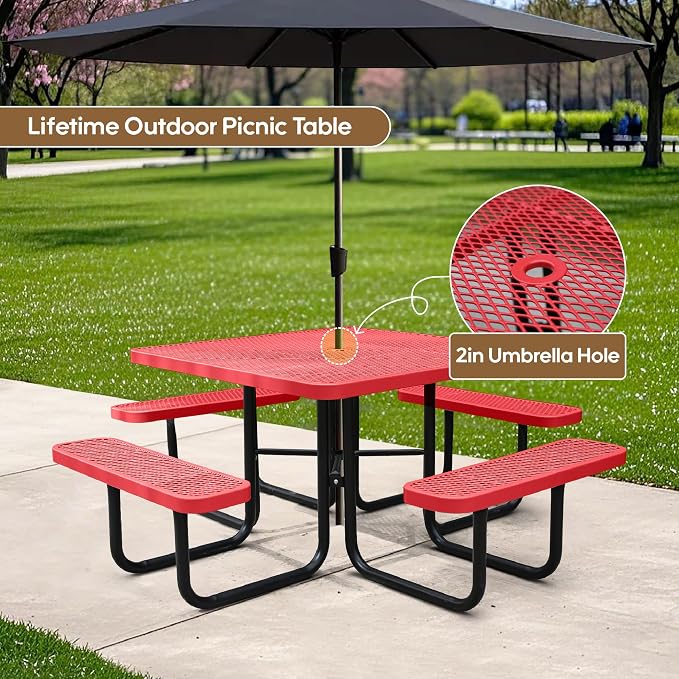 46Inch Square Picnic Table for 8 Person, Outdoor Heavy Duty Sturdy Picnic Tables with 4 Benches & Umbrella Hole, Commercial Metal Patio Picnic Table for Garden, BBQ, Coffee Store, Party, Porch (Red)