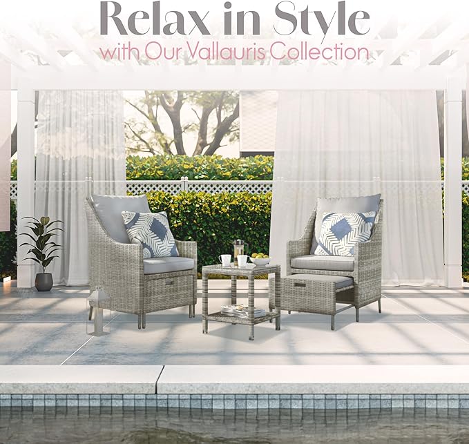 Elle Decor Vallauris Patio Outdoor Furniture Collection, Premium All Weather Wicker, 5 Piece Non-Reclining Set, Gray