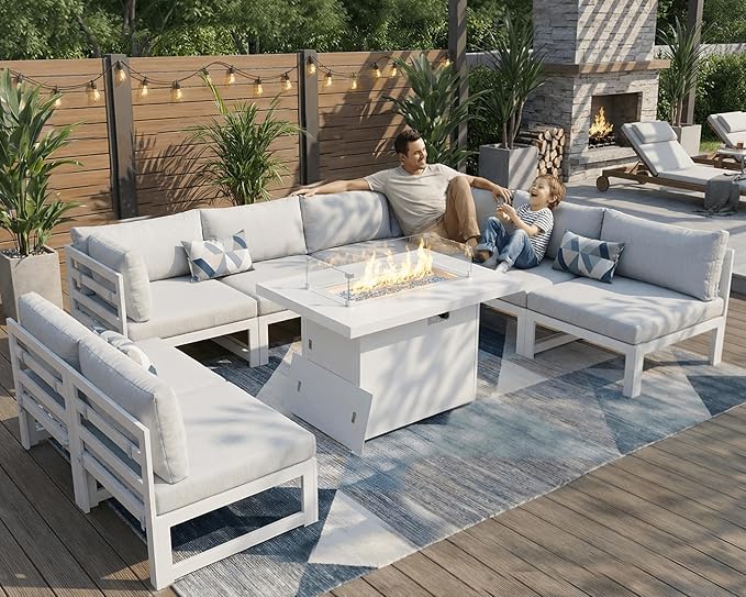 NICESOUL Aluminum Frame Patio Furniture Set with Firepit Table, Oversized Modular L Shaped Outdoor Sectional Sofa, 29" Deep Seating, 9 Piece 500 lbs Heavy Duty Conversation Set for Deck, Light Grey
