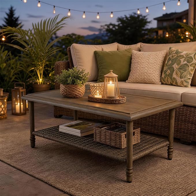 Outdoor Coffee Table, All-Weather Wicker Patio Table, 2-Layer Patio Coffee Table with Storage, Outdoor Side Table for Garden Porch Balcony Poolside