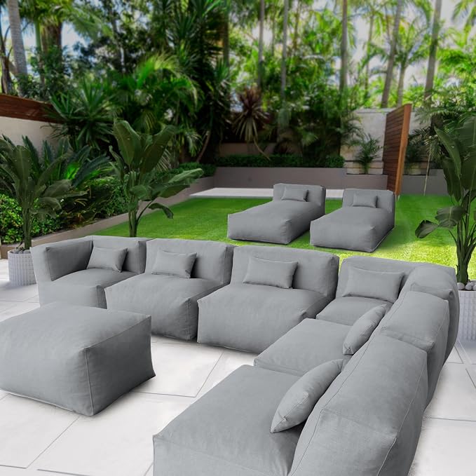 ANNYH Patio Eraclea 9PCS OUTDOOR Furniture Sectional Conversation Set - 2 Lounger 4Middle 2 Corner 1 Ottoman/Coffee - Expansion Foam Filling CHAIRS. UNIQUE Modular Contemporary Sofa (Dark Gray)