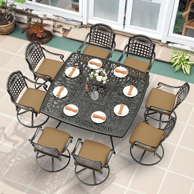 MEETWARM 9-Piece Outdoor Patio Dining Set, All Weather Cast Aluminum Patio Funiture Table and Chairs Set- Large 64" Square Table and 8 Cushioned Swivel Rocker Chairs for Garden, Umbrella Hole, Khaki