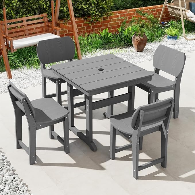 5-Piece HDPE Outdoor Patio Dining Set (Includes 1 Square Table and 4 Chairs) (All-Weather, Easy to Assemble, Umbrella Hole, 10+ Years of Lifespan) - Grey