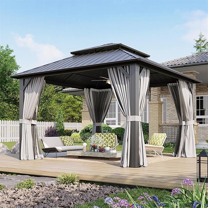 Aoxun 12’x12’ Hardtop Gazebo, Permanent Metal Pavilion with Galvanized Steel Double Roof, Outdoor Pergola with Nettings and Curtains for Lawn, Garden, Patio (Gray)