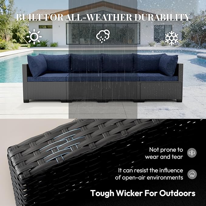 7 Piece Patio Furniture Set, All-Weather Water-Resistant Wicker Rattan Sectional Sofa, Modular Outdoor Conversation Set for Backyard, Garden, Poolside, Balcony