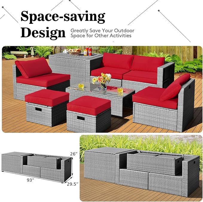 DORTALA 8 Pieces Patio Furniture Set, PE Rattan Sectional Sofa Set with Tempered Glass Table & Waterproof Cushions, Outdoor Wicker Conversation Set for Balcony, Poolside, Red