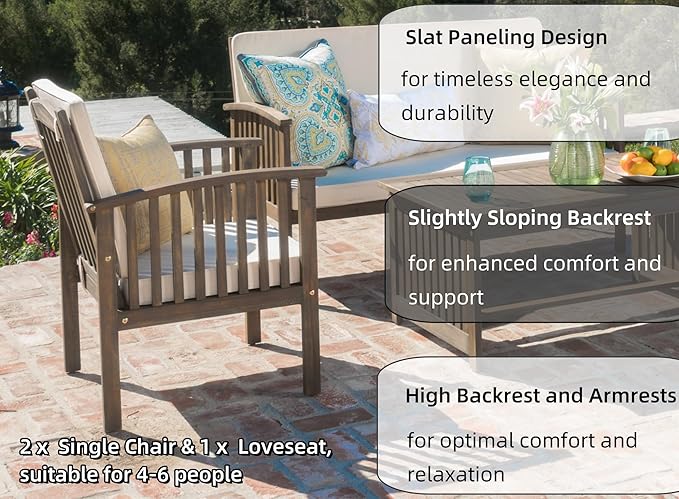 Merax 4 Piece Patio Conversation Table and Chairs Furniture Sets, Acacia Wood Outdoor Dining Couch Sofa for Porch Deck Backyard Lawn Balcony Bistro, Grey+Cream