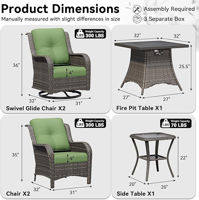 6 Pieces Outdoor Wicker Patio Furniture Set with Fire Pit Table, Patio Chair Set with Thickened Olefin Cushions, High Back and Deep Seating, Hand-Woven PE Rattan for Porch, Deck