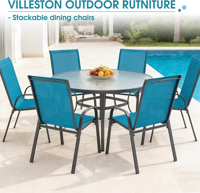 24.4" Wide Outdoor Stackable Chairs Set of 6, Stacking Patio Chairs with Textilene Fabric, Outside Furniture for Garden Backyard Balconie Poolside Deck, Blue
