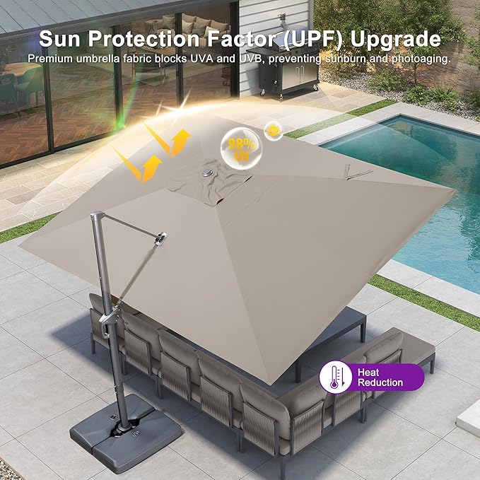 PURPLE LEAF Patio Umbrella 10' X 10' Cantilever Umbrella with Central Lights and Base Aluminum Outdoor Umbrellas with 360-degree Rotation & UPF40+ Fabric for Deck Pool Garden Yard, Ash Mocha