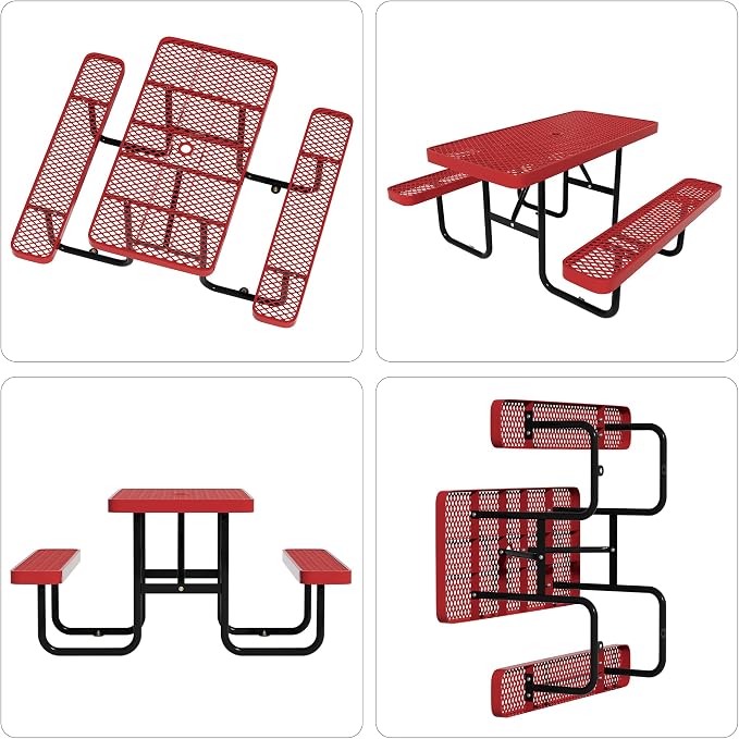 4FT Rectangular Steel Outdoor Picnic Table,Commercial Red Picnic Table Bench Set with Umbrella Hole, Weather-Resistant Heavy Duty School Dining Table for Patio, Garden, Backyard
