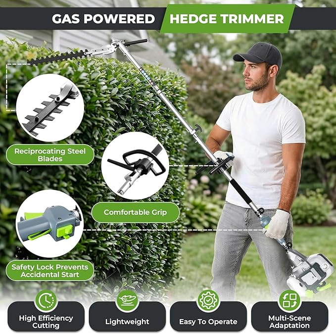 52CC Gas Powered Weed Wacker, 3-IN-1 2-Stroke Backpack Gas Powered Hedge Trimmer, Weed Eater String Trimmer, Brush Cutter 40-Tooth Blade with Shoulder Strap & Safety Lock for Home Garden Lawn Trimming