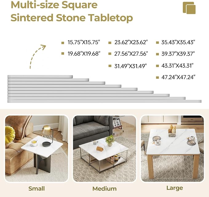 Square Table Top, 19.6” White Sintered Stone Tabletop, DIY Replacement & Cover Marble Desktop, Scratch & Wear Resistant, Suitable for Indoor & Outdoor