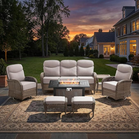 Luxury Patio Furniture Set with Fire Pit Table, Outdoor Furniture Set with High Back Swivel Chairs & 6-inch Thick Cushions, 7 PCS Fire Pit Patio Set for Yard, Deck, Poolside, Brown/Beige