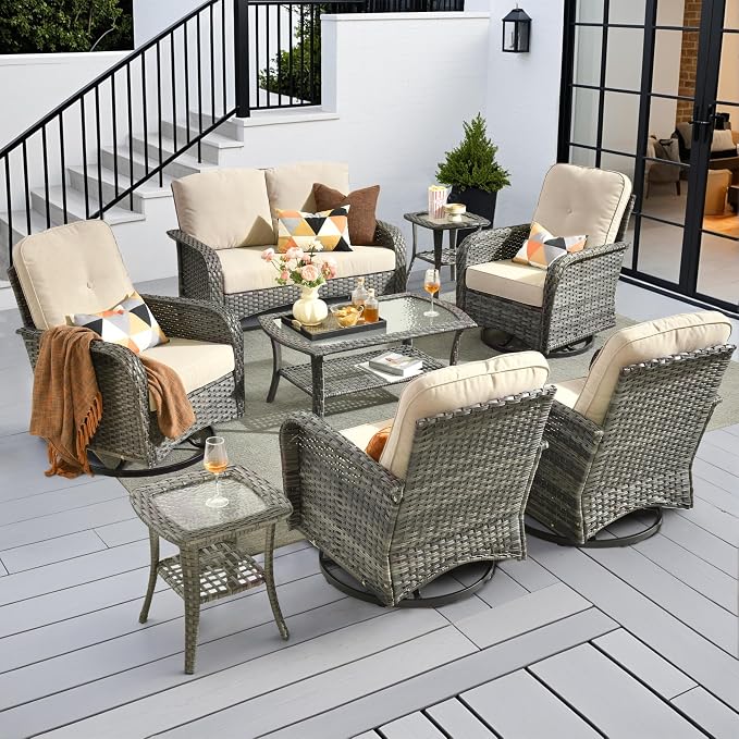 CAODOC 8-Piece Wicker Patio Furniture Set, All-Weather Rattan Conversation Bistro Loveseat Chair and Patio Rockers Set for Backyard, Balcony and Deck with Soft Cushions and Metal Table(Beige)