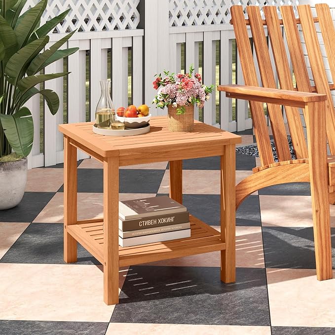 Tangkula Outdoor Side Table, 2-Tier Acacia Wood Square End Table with Slatted Tabletop & Storage Shelf, Indoor Outdoor Wooden Accent Bistro Patio Table for Backyard, Poolside, Garden, Natural (1)