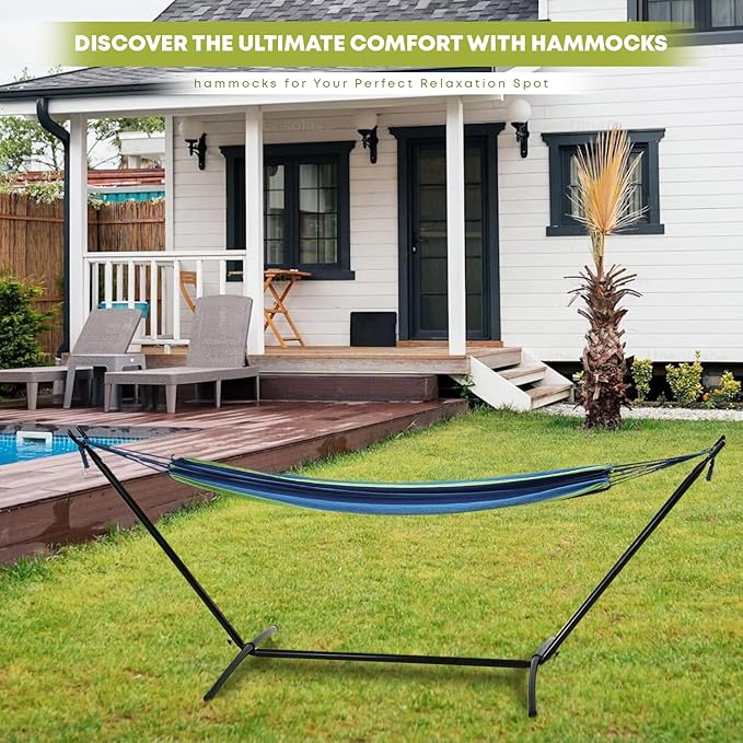 Double Hammock with Space Saving Steel Stand,(450 lb Capacity - Premium Carry Bag Included),Portable Hammock with Heavy Duty Steel Stand for Backyard,Camping or Garden,Blue