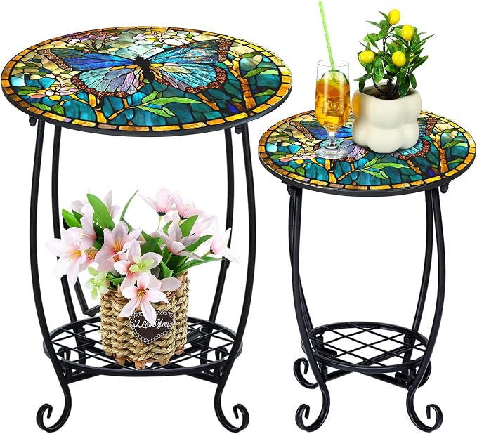 Cinnvoice 2 Pcs Outdoor Side Table Small Patio Round Mosaic Accent End Table Indoor Plant Metal Coffee Tea Tables for Patio Yard Porch Garden Living Room(10" and 14",Butterfly Style)