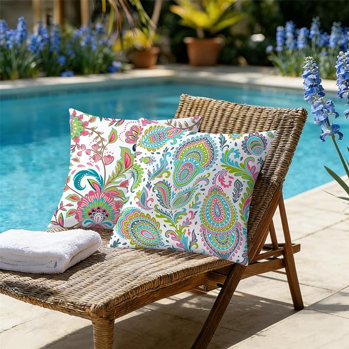 NIGHTWISH Outdoor Waterproof Pillow Covers 18x18 Set of 4 Spring Summer Floral Boho Decorative Outdoor Throw Pillows Paisley Cushion Cases for Patio Furniture Bench Couch Sunbrella