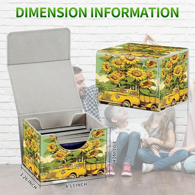 Card Deck Box for MTG, Cards Storage Box Fits 120+ Sleeved, Leather Small Size Strong Magnetic Closing Card Case for Board Games Magic TCG CCG Baseball Collection, Sunflower Truck