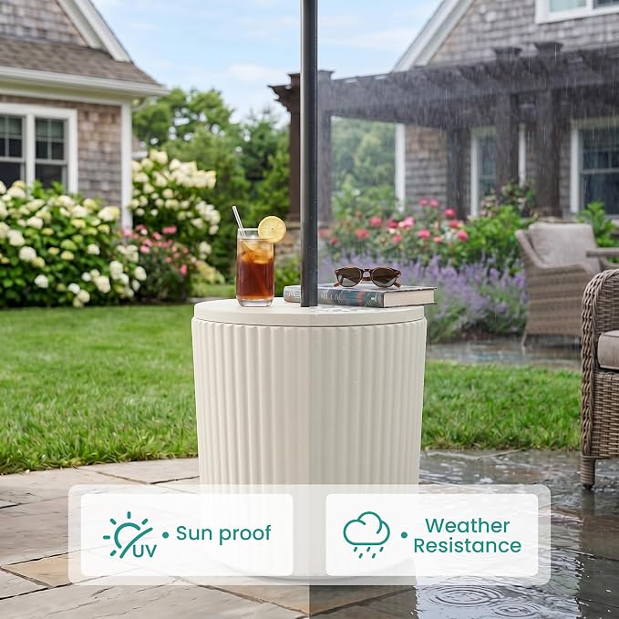 SUNBURY Umbrella Side Table, Outdoor Patio Table with Umbrella Hole for Porch, Round Base Outdoor Garden Stand for Modern Coffee, Picnic or Poolside Table, Easy Assembly, White